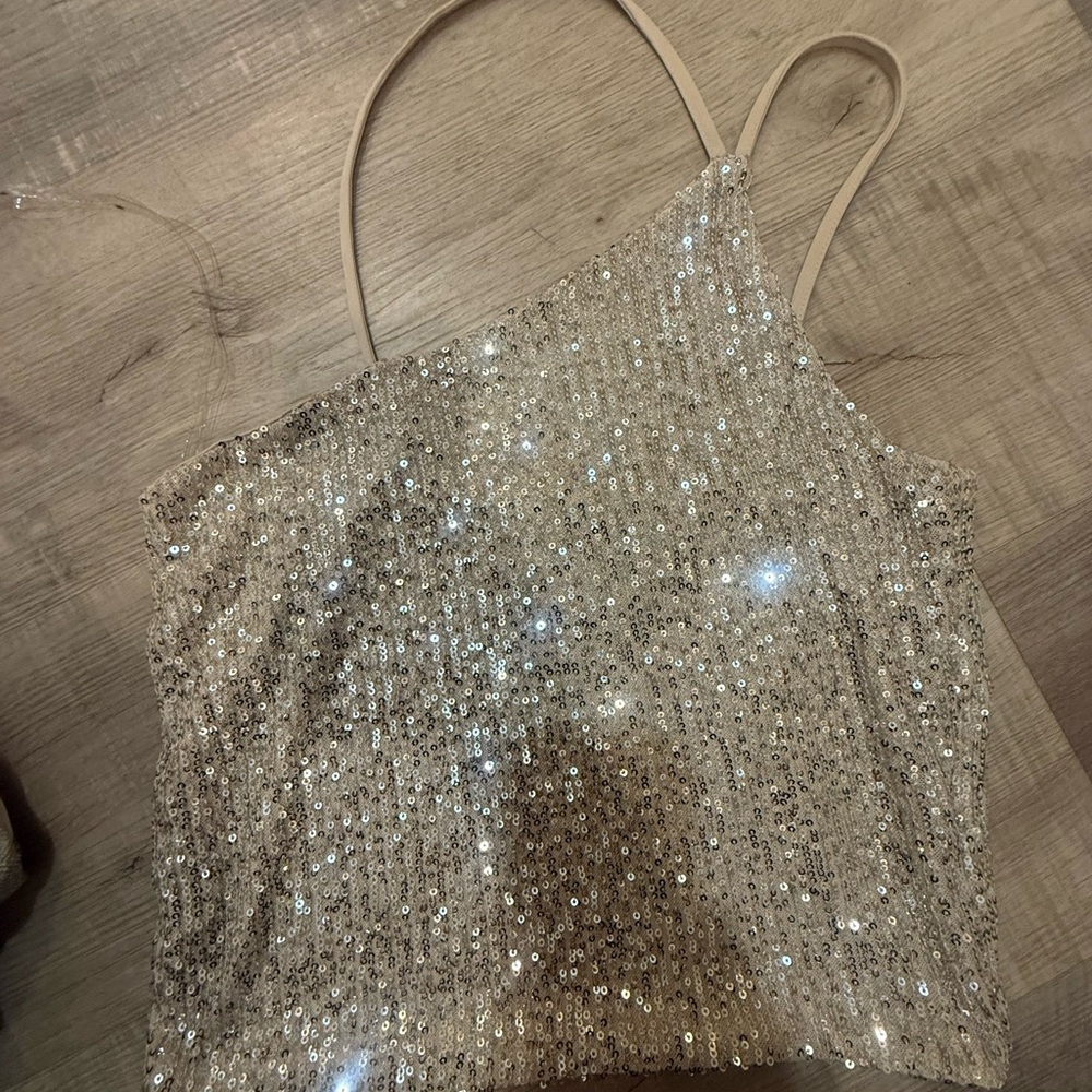 ✨ Know‎ One Cares Champagne Sequin One-Shoulder Tank Top ✨